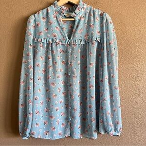 Boden Anya Blue Posy Bloom Floral Blue Pink Ruffle Sheer Blouse Size 8